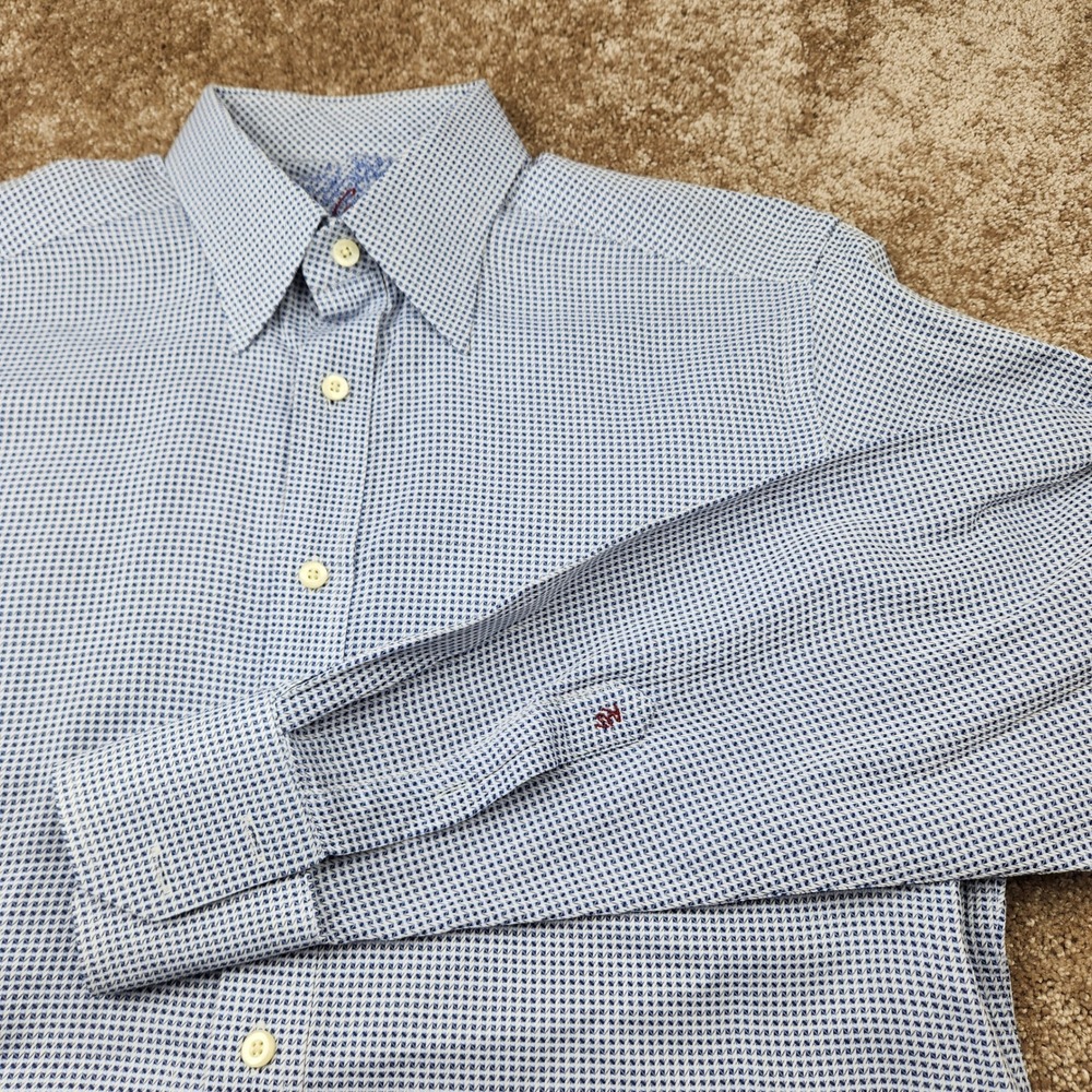 Robert Graham Mens Blue White‎ Geometric Micro Print Cotton Button Down Shirt M